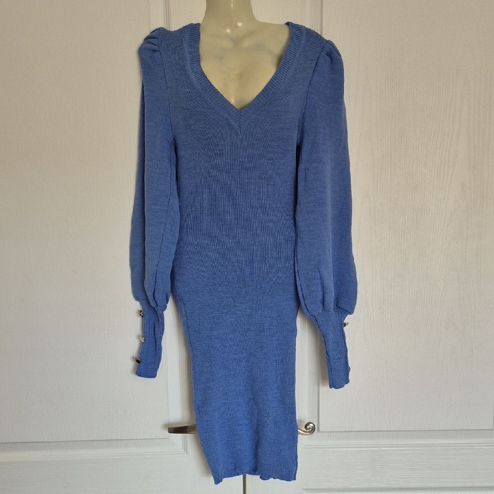 Chic Long Sleeve Sweater Blue Dress